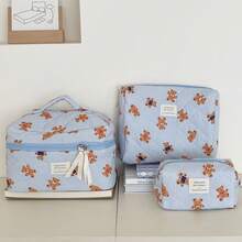3 PiecesMakeup Bag Quilted Makeup Bag Silk Ribbon Makeup Bag Set Flower Travel Washbag - Royal Blue - View 11