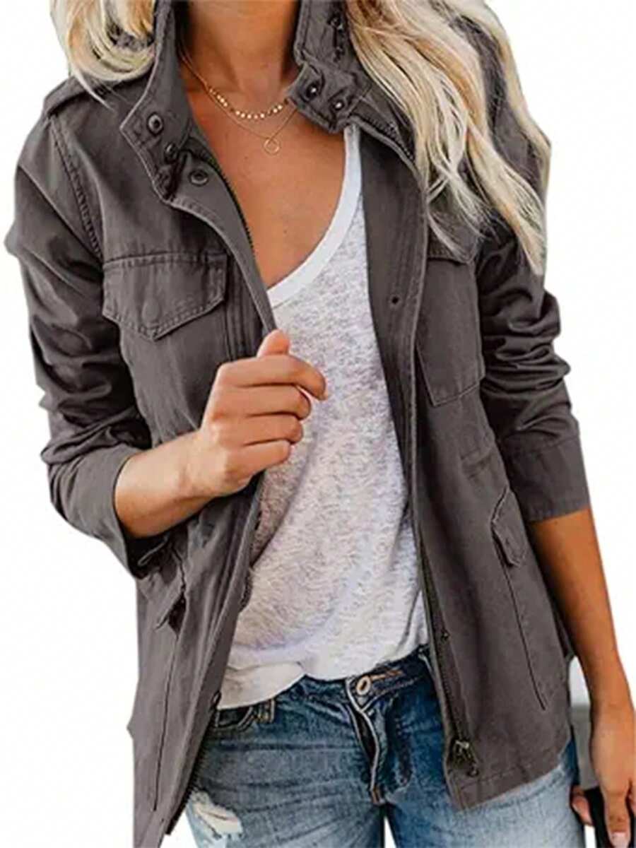 Womens Casual High Neck Long Sleeve Button Detail Regular Woven Fabric Trench Coat - Màu xám đen - Xem 1