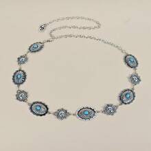 زنجيل خصر معدني منحوت على الطراز الشرقي القديم قطعة واحدة، حزام خصر من المعدن بأسلوب بوهيمي، لون فضي كلاسيكي، عدة ثقوب للتعديل، إكسسوارات جسمية مناسبة للاستخدام اليومي والرحلات والأعياد والهالوين