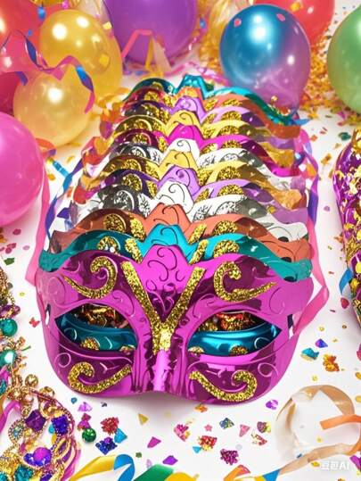 12 piezas de máscaras doradas chapadas, accesorios de boda, máscaras de baile de máscaras, carnaval, color aleatorio
