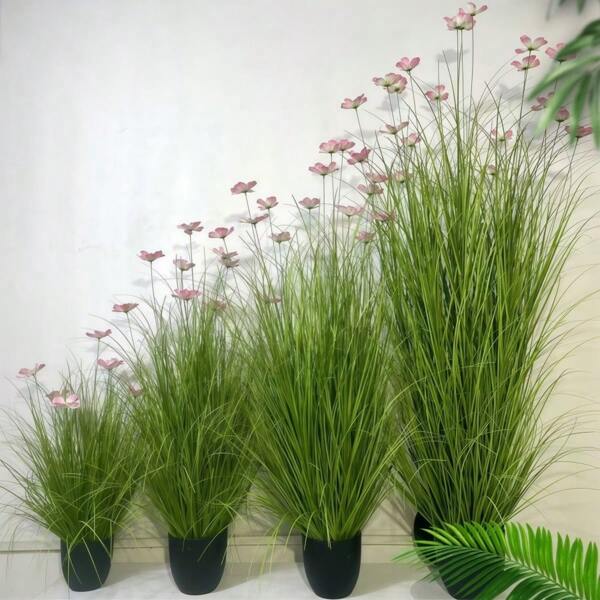 19.6" Artificial Cattail Grass With Pink Cosmos Flowers, Faux Grass Plants, Plastic Realistic Ground Plants, Indoor Decorative Greenery For Home And Office - Stylish Accent For Modern Decor - Ideas Housewarming Gift, Perfect For Wedding Party, Anniversaries, Easter And All Seasons