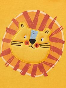 1pc Kids Casual Tiger Head Embroidery Graphic Round Neck Short Sleeve T-Shirt, Fashionable Spring/Summer - Yellow - View 5