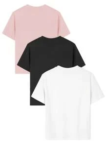 Set de 3 camisetas de manga corta, cuello redondo, estampadas y casuales para niñas, ropa de verano para estudiantes jóvenes - ¡Las camisetas coloridas traen alegría y felicidad a cada niño!