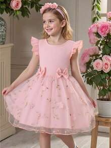 Young Girl Cap Sleeve Bow Decor Princess Dress With Embroidered Mesh Skirt - Pink - View 1
