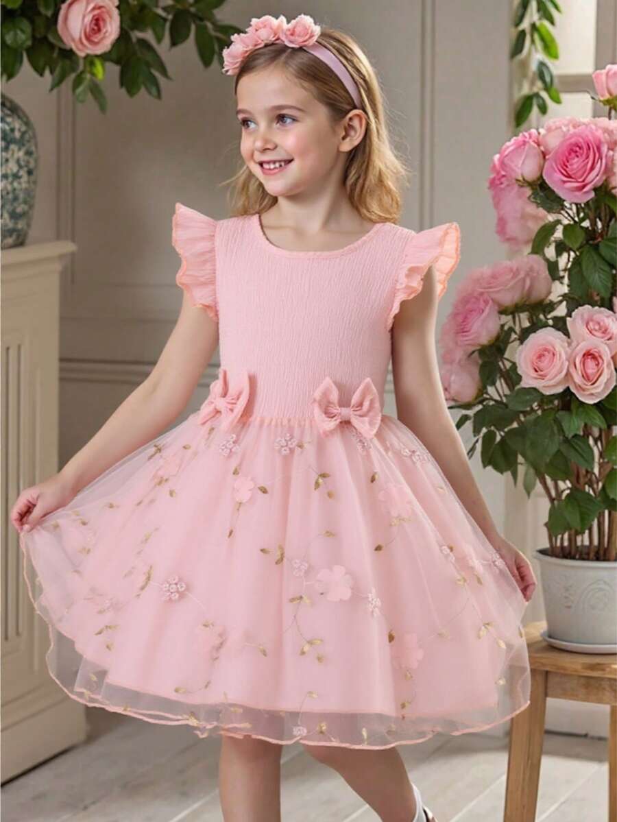 Young Girl Cap Sleeve Bow Decor Princess Dress With Embroidered Mesh Skirt - Pink - View 1