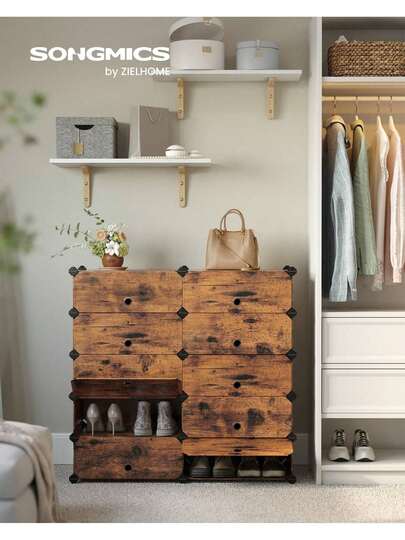 Interlocking Shoe Rack, Rectangular Storage Organiser, 10 Slot Modular DIY Storage Shelf Unit, 40 X 30 X 17 Cm For Each Slot, Plastic Wardrobe With Doors, Rustic Brown