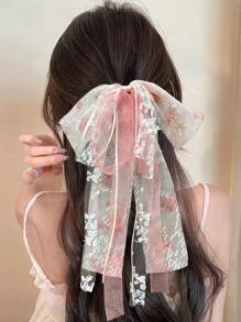 1pc Fashionable Bohemian Vacation Style Mesh Lace Flower Multi-Layer Bow Ribbon Barrette Hair Clip Accessory For Women
