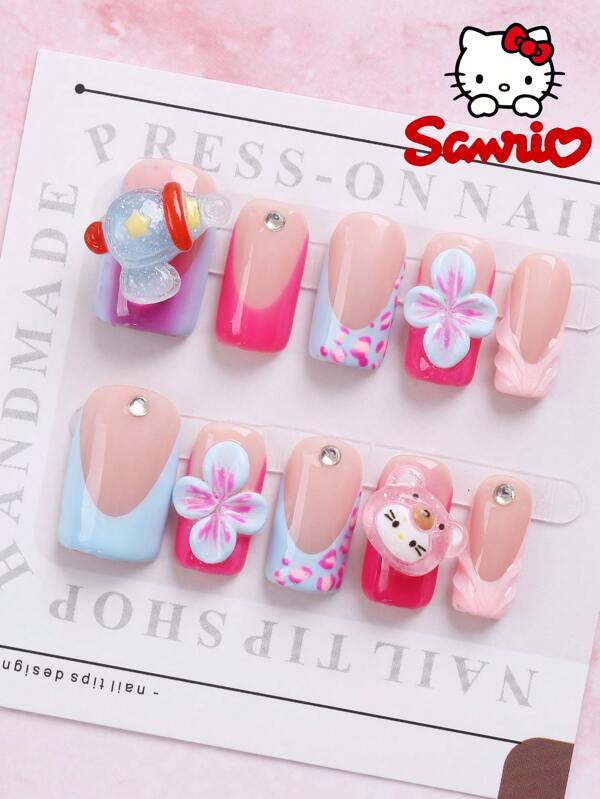 Sanrio Somoving X Sanrio Hello Kitty 10Pcs Short Duckbill Shaped Handmade False Nails Cute Bow Heart Metal Star Pearl Gem Petal Design Press-On Nails Perfect Fit Acrylic False Nails Set Nail Art Supplies For Daily Life, Prom And Family Gatherings