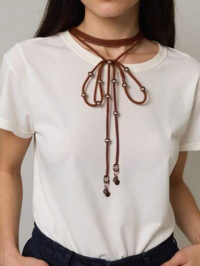 1 Pieza Gargantilla de corbata de bolo ajustable, estilo boho occidental con cuentas plateadas para uso diario de mujeres