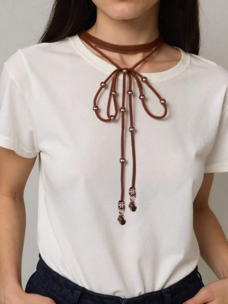 1 Chiếc Vòng Cổ Buộc Bolo Bằng Da Lộn Giả Cho Nữ, Chiều Dài Có Thể Điều Chỉnh Theo Phong Cách Boho Phương Tây Kèm Hạt Bạc Cho Phụ Nữ Đeo Hàng Ngày - Hạt cườm - Xem 1