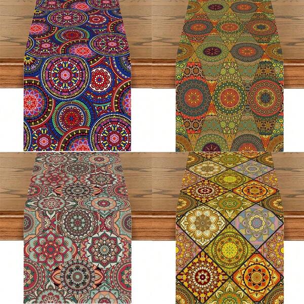 Caminho de Mesa para Sala de Jantar - Designs Geométricos Boêmios, Decoração de Cozinha em Poliéster Lavável e Reutilizável