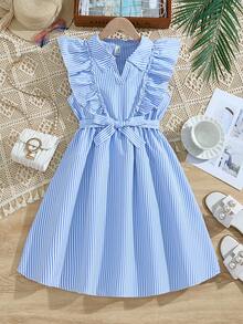 女童条纹衬衫，荷叶边下摆，无袖连衣裙，配腰带 - 藍色 - 查看 2