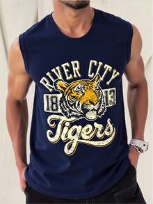 King T-shirt Playera Sin Mangas Hombre 100% Algodón Suave Estampado River City Tigers Diseño Gráfico Deportivo Vintage Retro 1813 Cabeza de Tigre Cuello Redondo Clásico Casual Urbana Original Cómoda Transpirable Estilo Deportivo Ligera Ideal Verano Entrenamiento Camiseta Deportiva Masculina Top Moda - Azul Marino - Ver 2