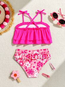 Young Girl Floral Print Ruffle Trim Swimsuit Set - Pink - View 2