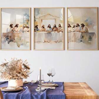 3 st akvarellposters med den sista måltiden, abstrakt målning av bibliska renässansväggkonst, valfri ram