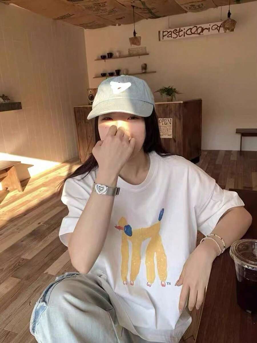 Cute Slouchy Dog Print Loose Casual Short Sleeve T-Shirt For Women, Summer White Relaxed Style - White - View 1
