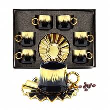 6-Piece Ottoman-Style Turkish Espresso Cup & Saucer Set – 3.5 Oz Ceramic Cups With Gold-Plated Rim In Black, Gift Box Included - As Shown - View 2