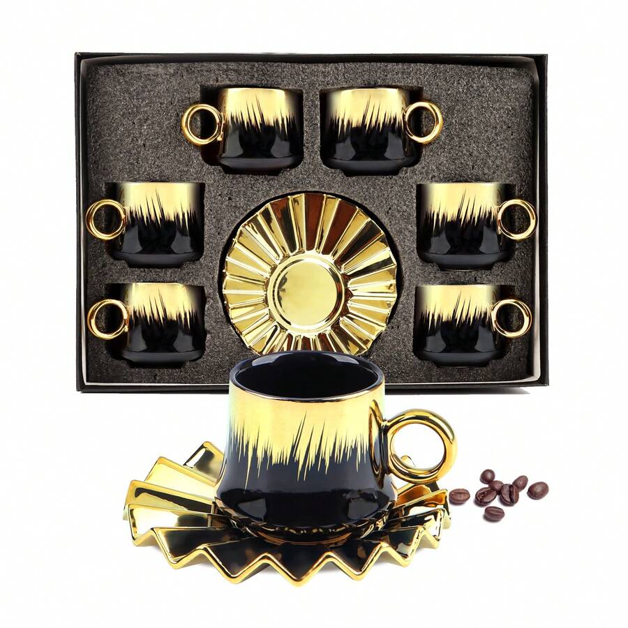 6-Piece Ottoman-Style Turkish Espresso Cup & Saucer Set – 3.5 Oz Ceramic Cups With Gold-Plated Rim In Black, Gift Box Included