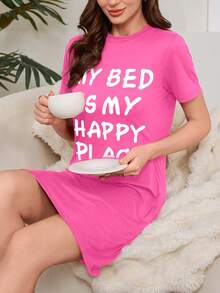 Nightgown - Slogan Print Nightgown - Short Sleeve, Round Neck, Casual - Loungewear, Home Wear - Women - Comfortable And Fashionable - Fashionable Sleep, Sweet Dreams - Hot Pink - View 2