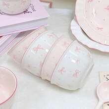 6 件套可爱蝴蝶结陶瓷餐具套装（2 个碗、2 个盘子、2 个勺子）、麦片/燕麦片碗、早餐盘，适合返校、节日礼物、居家/餐厅/派对使用，可微波炉加热