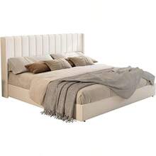 Queen/King Size Lift Up Storage Bed Frame, Linen Upholstered Platform Bed With Vertical Channel Tufted Wingback Headboard, Hydraulic System Design And Wood Slats Support, No Box Spring Needed, Elegant Bedroom Furniture, White - White - View 8