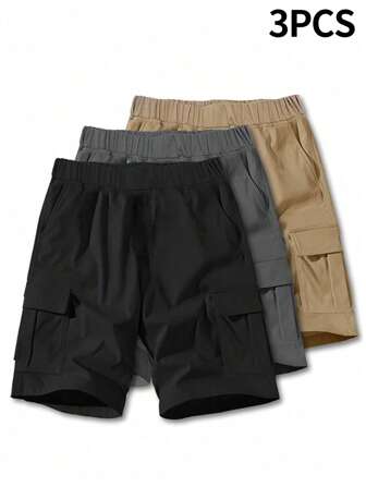 3 Pcs Tween Boy Loose Casual Woven Net Color Casual Simple Basic Versatile Solid Color Sports Workwear Shorts Multi-Color Multi Piece Set, Buy One And Get Two Free, Get Three Suitable For Spring And Summer Seasons