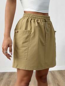 Falda cargo con bolsillo con solapa de cintura con cordón  Liso    Elegante  Casual  Fiesta    Nudo  Bolsillo  Cordón - Albaricoque - Ver 2
