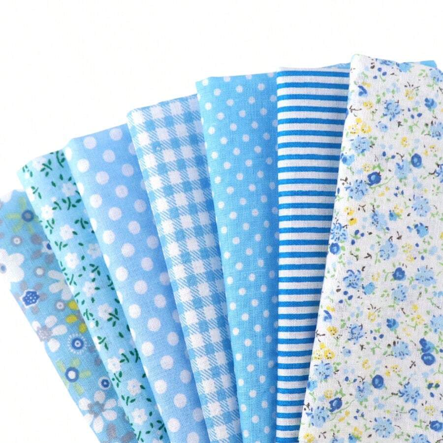 7 块/套棉质印花布块是用于绗缝和缝纫的预切布块，以及用于 DIY 工艺拼布配件的预切布块 - 藍色2 - 查看 1