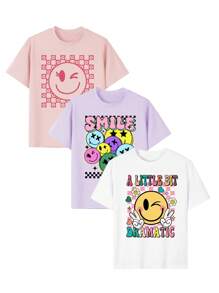 Paquete de 3 camisetas de manga corta y cuello redondo informales estampadas para niñas, con diseño de conejo bonito, ropa de verano para estudiantes y niños, ¡que aporta alegría y felicidad a cada niño!