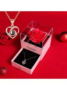 1 Set Artificial Rose Gift Box Necklace, "I Love You" In 100 Languages Necklace, Mother's Day, Valentine's Day Gift For Mom, Wife, Daughter, Grandma, Granddaughter