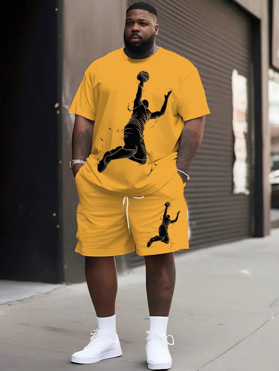 2pcs Plus Size Men's Basketball Sports Graphic Print Short Sleeve T-Shirt And Shorts Set, Yellow Basketball Combination Outfit, Round Neck Tee With Drawstring Shorts - Yellow - View 1