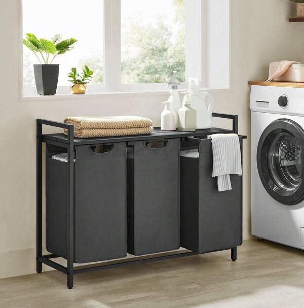 Wäschekorb 3 Fächer, Wäschesammler mit Ablage, Wäschebox, Wäschesack aus Oxford-Gewebe ausziehbar abnehmbar, Metallrahmen, 3 x 38 L, 92,5 x 33 x 72 cm, schwarz-grau