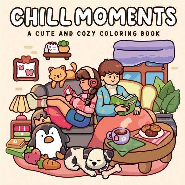 Novo livro de colorir Chill Moments | Livro de colorir para relaxar e aliviar o estresse | Livro de colorir para adultos | Inclui 24 páginas com cenas de meninos e meninas | Pintura DIY para decoração familiar aconchegante | Interação entre pais e filhos com alto custo-benefício | Adequado como presente para a volta às aulas, Dia dos Pais e Dia das Crianças. O padrão é requintado e as linhas são nítidas. Volta às aulas, Material escolar