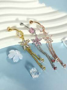 1pc 14G Dangle Belly Button Ring Piercing Jewelry Stainless Steel Heart Flower CZ Reverse Navel Rings Dangling Belly Button Ring Piercing Jewelry For Women 14 Gauge Hypoallergenic Chain Long