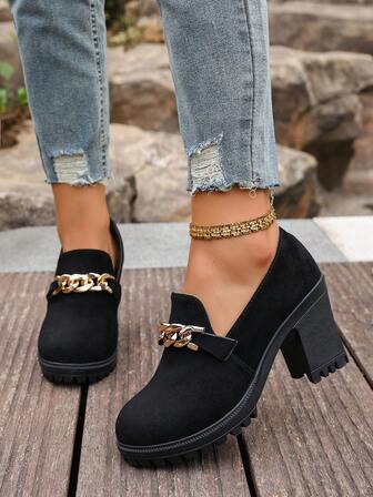 Botas de tobillo cortas con plataforma, puntera redonda, estilo casual vintage con cadena decorativa, unicolor básico para otoño/invierno, uso en exteriores en primavera y otoño