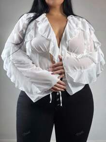 Truni Plus Size Women Spring/Summer Elegant Vacation Outfits Solid Color Ruffle Patchwork Long Sleeve Casual Shirt