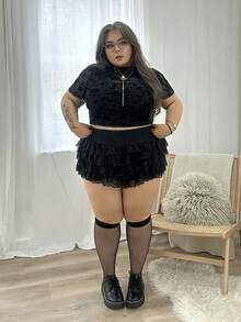 Hourglow Emily_louise_swain Plus Size Velvet Mesh Stand Collar T-Shirt, For Winter, For Hourglass Body Shape - Black - View 4