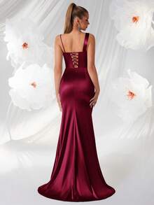 ADYCE Asymmetric Draped Collar Party Dress, Satin Herringbone High Waist Pleated Open Back Tie Long Formal Gown, Suitable For Formal Occasions Like Wedding Guest, Bridesmaid, Homecoming, Prom - Burgundy - View 2