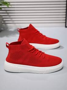 Men's High-Top Casual Sneakers, Breathable Knit Upper, Streetwear Style, Suitable For All Seasons