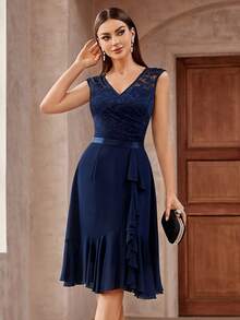 MIUSOL Floral Lace Ruffle Trim Wrap Hem Chiffon Party Swing Dress