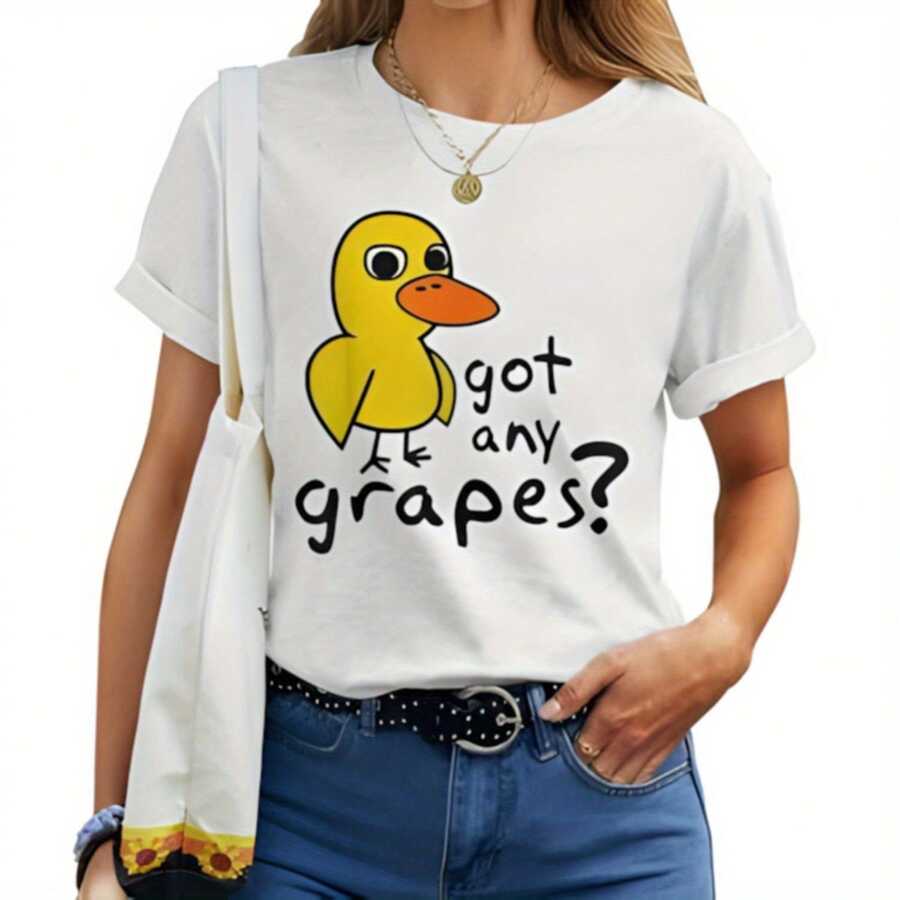 Got Any Grapes Duck Song Funny Kids Women T-Shirt _ Seseable 220g Women's Cotton T-Shirt, Thick And Soft Round Neck T-Shirt, Women's Patterned Short Sleeved T-Shirt, Aesthetic Retro Style Sual Top Suitable For Girls And Women, Loose Summer Fashion T-Shirt Suitable For Travel, Daily Street Wear, Work Or Relaxation - White - View 1