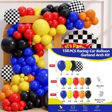 138 Stücke Rennballon Girlande Bogen Set, inklusive schwarze, blaue, gelbe, rote, orange Latex Ballons und karierte Folie Ballons, perfekt für Geburtstagsfeiern, Rennwettbewerb Dekorationen, Rennthema Party Dekoration Zubehör