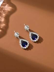Classic Navy Blue Teardrop Cubic Zirconia Drop Earrings, Elegant Party/Formal Dress Jewelry Accessories For Women - Royal Blue - View 5