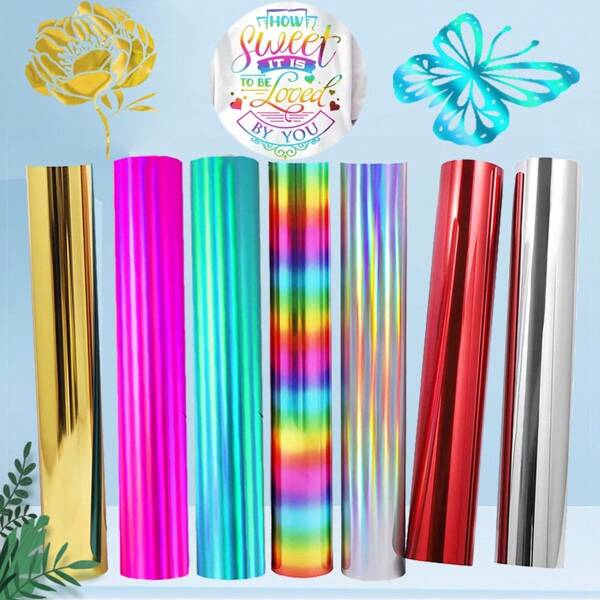 1 Rolle holografisch schimmernde Metallic-Folie Vinyl Thermo-Transfer-Folie, 12" x 19,6" Thermo-Transfer-Vinyl für T-Shirts, Kleidung, Taschen, mehrere Farboptionen zum Gestalten, einfach zu schneiden Aufbügel-Vinyl für Bastelplotter