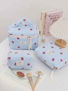1 Piece Cute Strawberry Pattern Cosmetics Bag Blue Grid Print Toiletry Bag With Quilted Design Fashionable Travel Cosmetics Bag With Ribbon Zipper Large Capacity Makeup Pouch With Handle Portable Square Clutch Bag Casual Make Up Bag Set For Women Multi-Functional Make Up Organizer Bag For Summer Holiday Essentials, Beach Essentials, Bathroom Organizer, Pen Organizer, Makeup Brushes Organizer, Skincare Storage - Blue - View 18