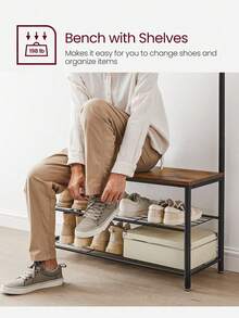 Coat Rack, Coat Stand With Shoe Storage Bench, Hall Tree With Shoe Rack, 3-In-1 Design, Steel Frame, For Hallway, Entrance, 32 X 85 X 175 Cm, Industrial Style, Walnut Brown And Black - 白色 - 查看 6