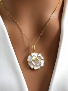 MECYLIFE 1pc Fashionable Crystal & Enamel Oversized Flower Pendant Necklace, Suitable For Women