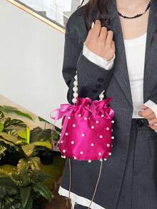 1 件女士时尚尼龙抽绳水桶手提包，带串珠和珍珠装饰，可单肩/斜挎 - 玫紅色 - 查看 7
