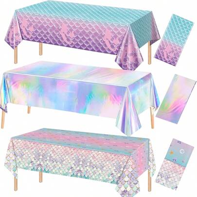 1pc Iridescent Plastic Tablecloth,Mermaid Birthday Party Tablecloth, Mermaid Table Cover Decorations Disposable,Disposable Birthday Party TableClothsRectangle Iridescence Plastic Table Covers, Party Tablecloth For Graduation,Wedding,Picnic,Christmas Decorations