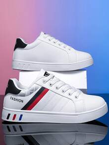 Plus Size Men's Low-Top Sneakers, White Casual Shoes, Korean Flat Leather Shoes For Young ,Gym 2000s Style - White - View 6